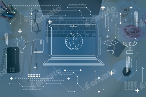 Preview: White Computer Icon, Blue Background, Cup, Head, Book, Lightbulb Signs, Laptop On The Table In The