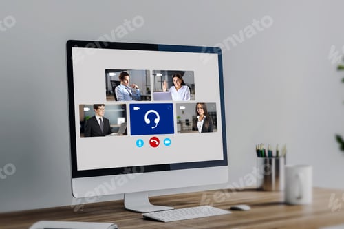 Preview: Close Up Of Computer With Creative Video Conference Call On Screen At Workplace. Work, Home And