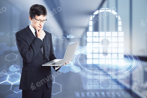 Preview: Cyber Security Concept With Businessman With Laptop And Digital Lock Symbol