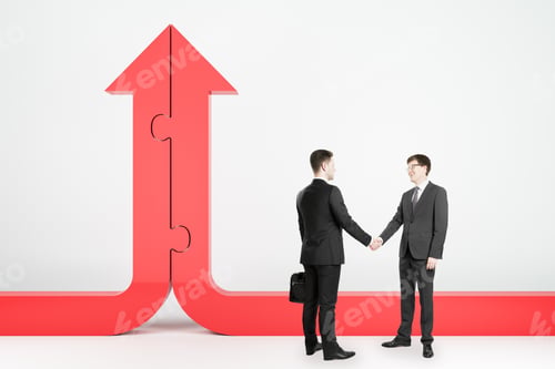 Preview: Businessmen Shaking Hands And Red Arrow Shape Puzzle On White Background. Partnership And Success