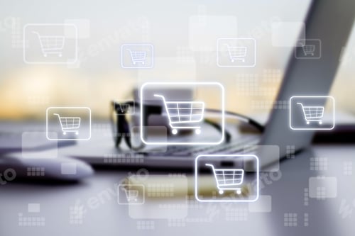 Preview: Online Shopping Concept With Digital Supermarket Cart In Squares On Blurry Laptop Background