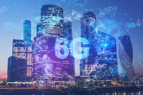 Preview: Abstract Glowing Blue Polygonal 6G Hologram On Blurry City Background. Internet Speed, Wireless