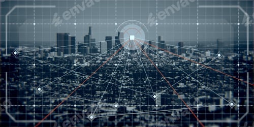 Preview: Wide Image Of Abstract City Background With Digial Grid And Mesh. Web, Network, Map And Information