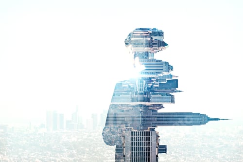 Preview: Side View Of Thoughtful Businessman On Abstract Sideways City Background With Copy Space. Future