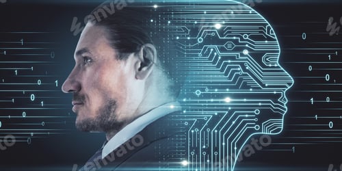 Preview: Side Portrait Of Attractive Young European Businessman With Digital Head Outline, Circuit And
