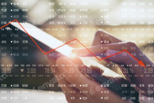 Preview: Close Up Of Hand Using Tablet With Financial Digits And Downward Red Arrow On Blurry Background