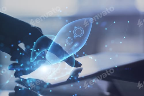 Preview: Successful Business And Startup Concept With Double Exposure Of Human Finger On Digital Tablet
