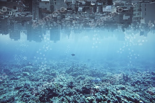 Preview: Abstract Upside-Down City And Water, Ocean, Sea Backdrop With Copy Space. Creativity, Abstraction