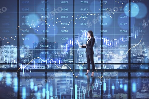 Preview: Attractive Young European Businesswoman With Laptop Standing In Dark Office Interior With Big Data