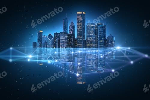 Preview: Abstract Polygonal City With Reflections On Blue Background. Technology And Social Innovation