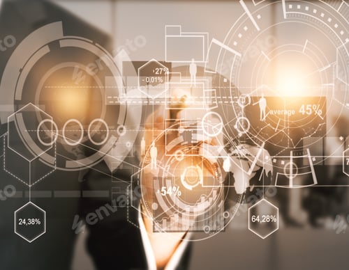 Preview: Businessman Hand Drawing Abstract Digital Business Graph Screen On Blurry Interior Background