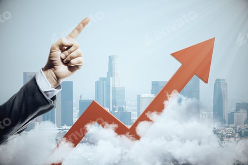 Preview: Businessman Hand Points Up And Red Growing Arrow On City Background. Success And Startup Concept.