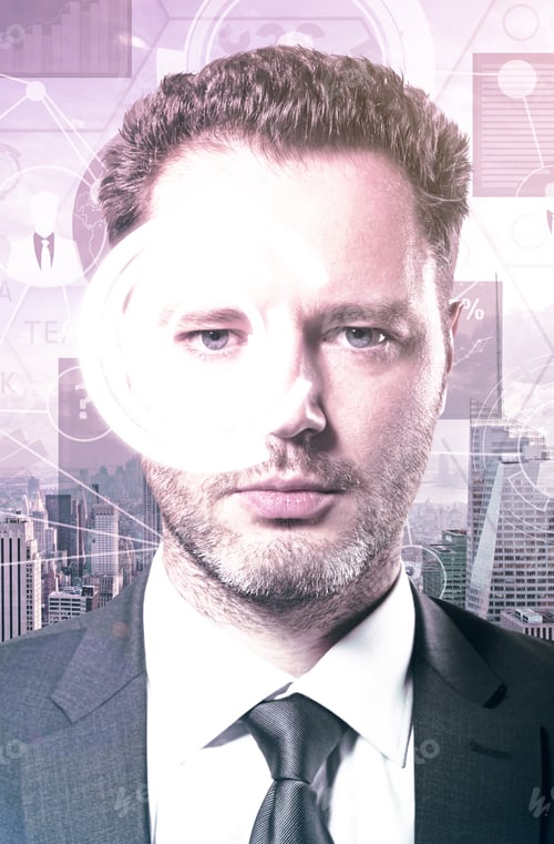 Preview: Portrait Of Handsome Young Businessman With Digital Pattern Around Eye. City Background. Tech