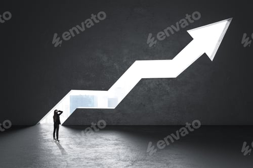 Preview: Businesswoman Looking At Glowing City View Opening Growing Upward Arrow In Concrete Interior