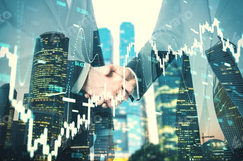 Preview: Handshake On Abstract Stock Chart And Skyscraper Background. Teamwork And Deal Concept. Double