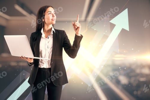 Preview: Successful Business Woman With Laptop On Up Arrow Background, Success Concept