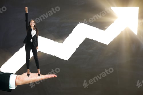 Preview: Abstract Hand Holding Happy Businesswoman With White Arrow Sketch On Chalkboard Wall Background