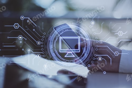 Preview: Close Up Of Hand Using Tablet And Smartphone With Creative Computer Icon Hologram On Blurry Outdoor