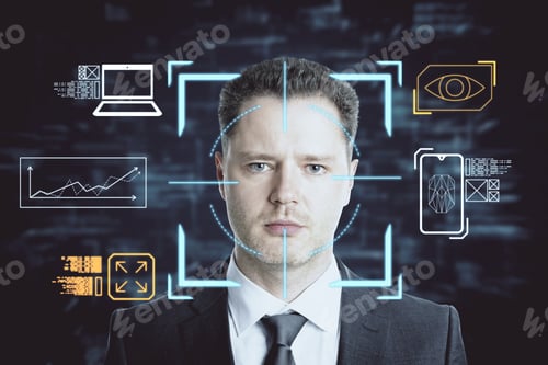 Preview: Portrait Of Attractive Businessman With Creative Face Recognition Control Hologram On Dark