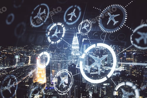Preview: Airplane Flight Scheme On The Background Of The City