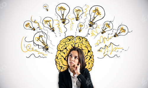 Preview: Attractive Young European Businessman With Creative Brain And Lamps Sketch On White Background