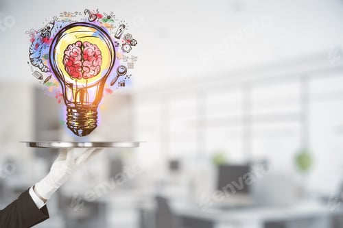 Preview: Hand With A Plate Holding The Brain Inside A Lightbulb Colorful Sketch, Coworking Space In The