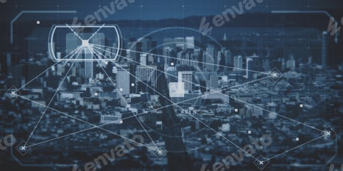 Preview: Wide Image Of Abstract City Backdrop With Digial Grid And Mesh. Web, Network, Map And Information