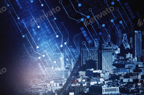 Preview: Abstract Circuit Board And City Backdrop. Technology And Innovation Concept. Double Exposure