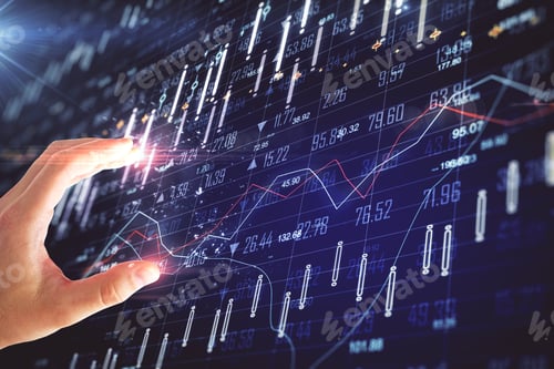 Preview: Hand Using Creative Glowing Blue Forex Chart Grid. Invest, Touchscreen And Trade Concept
