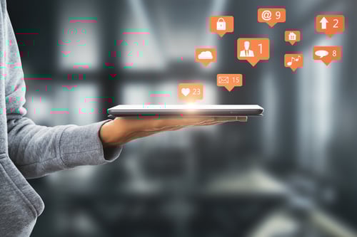 Side View Of Hand Holding Tablet With Creative Sketch On Blurry Background. Social Media And