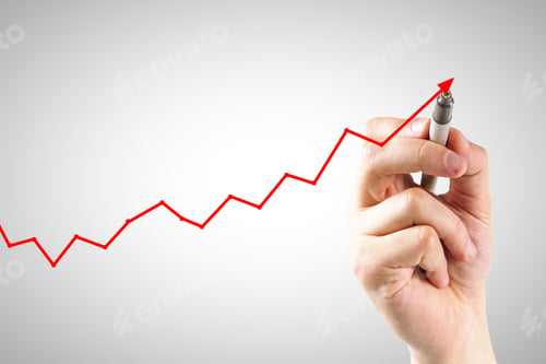 Preview: Hand Drawing Upward Red Arrow On Subtle Light Background. Economic Growth And Recession Concept