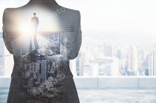 Preview: Back View Of Young Businessman Walking On Pier On Abstract City Background With Copy Space. Future