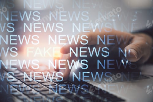 Preview: Close Up Of Hands Using Laptop With Creative News Header Hologram On Blurry Background. Information