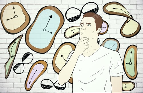 Preview: Abstract Surrealistic Clock Drawing And Thinking Man On Brick Background. Time Management Concept