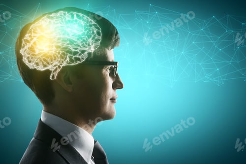 Preview: Portrait Of Young Businessman With Glowing Polygonal Brain On Blue Background. Artificial