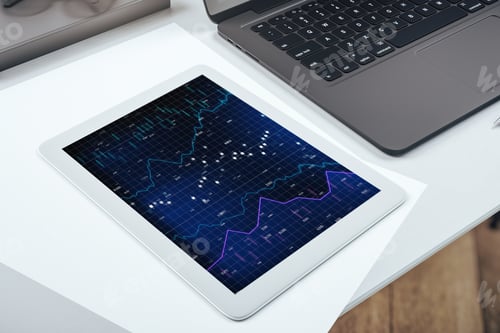 Preview: Close Up Of Tablet With Chart On Office Desktop With Laptop And Supplies. Mock Up, 3D Rendering