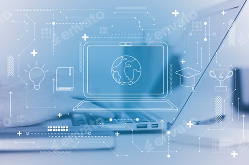Preview: Notebook Icon With A Globe Inside, Laptop With Hands In The Background, Worldwide Education And