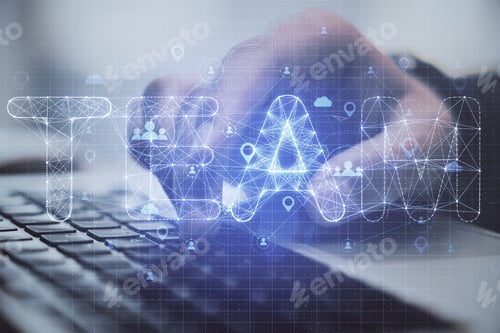 Preview: Hand Using Laptop With Polygonal Team Hologram. Business Team And Trading Concept. Mock Up. 3D