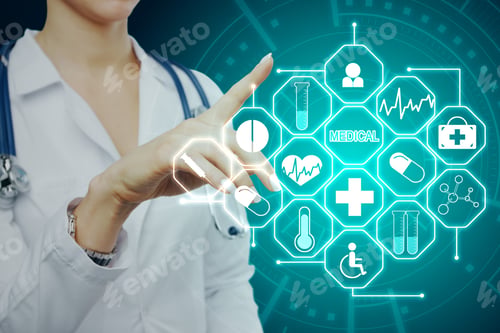 Preview: Medicine And Tech Concept. Doctor Hand Using Creative Glowing Blue Medical Interface On Dark