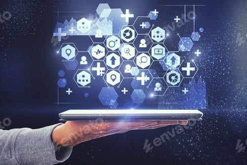 Preview: Hand Holding Tablet With Medical Interface On Blurry. Medicine And Innovation Concept. Double