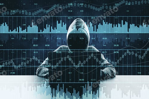 Preview: Hacker At Desktop Using Laptop With Abstract Forex And Big Data Interface On Dark Background. Ai