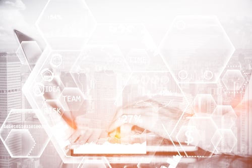 Preview: Side View Of Businessman'S Hands Using Laptop With Business Charts On City Background. Double