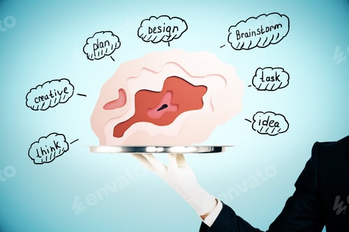 Preview: Businessman Hand Holding Silver Tray With Abstract Human Brain. Brainstorming Concept. 3D Rendering
