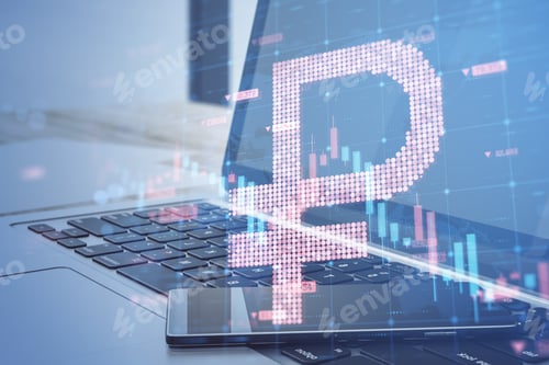 Preview: Close Up Of Laptop And Smartphone On Desktop With Abstract Glowing Falling Forex Chart With Dollar