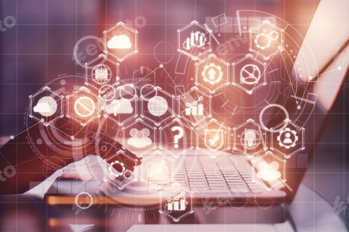 Preview: Side View Of Woman Hands Using Laptop Placed On Desktop With Abstract Digital Business Screen