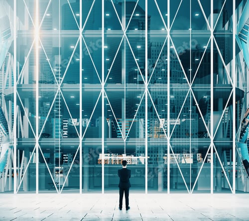 Preview: Businessman Standing At The Entrance Of A Modern Business Center And Think 3D Render