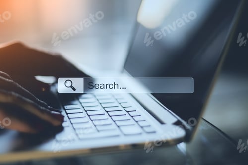Preview: Online Searching Concept With Human Hands Typing On Laptop Keyboard And Search And Navigation Bar