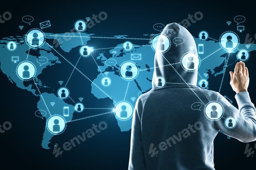 Preview: Hacker In Hoodie Using Glowing Map With Connections. Social Network And Hacking Concept
