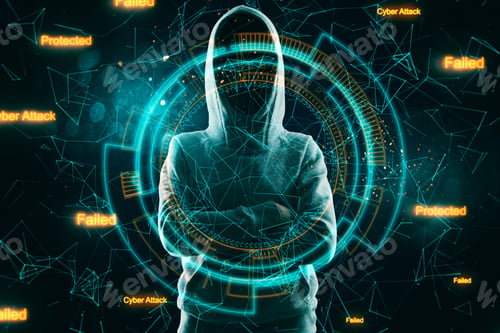 Preview: Hacker With Digital Business Interface On Blurry Dark Background. Hacking And Malware Concept