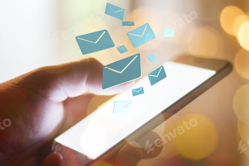 Preview: Close Up Of Hand Using Cellular Phone With Abstract Emails On Blurry Background Bokeh Background